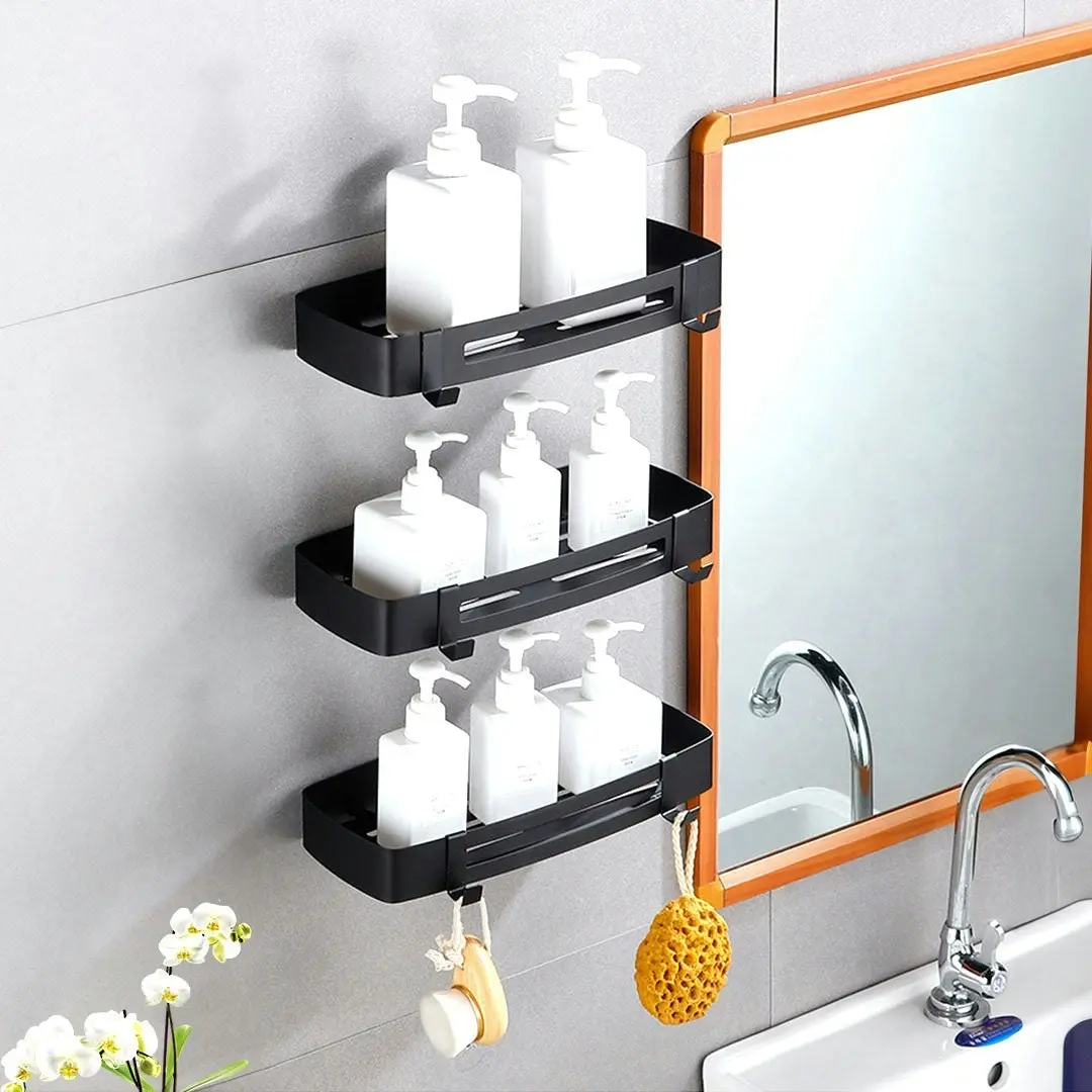 Soga Black Wall-Mounted Rectangular Bathroom Storage Organiser Space Saving Adhesive Shelf Rack with Hooks