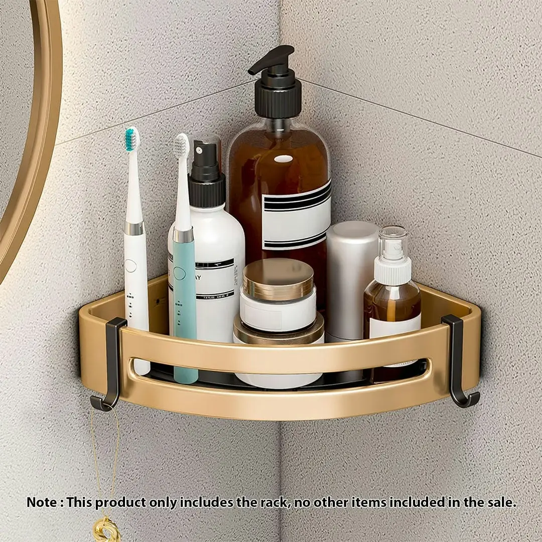 Soga Gold Wall-Mounted Triangular Bathroom Storage Corner Vanity Organiser Space Saving Adhesive Shelf Rack with Hooks