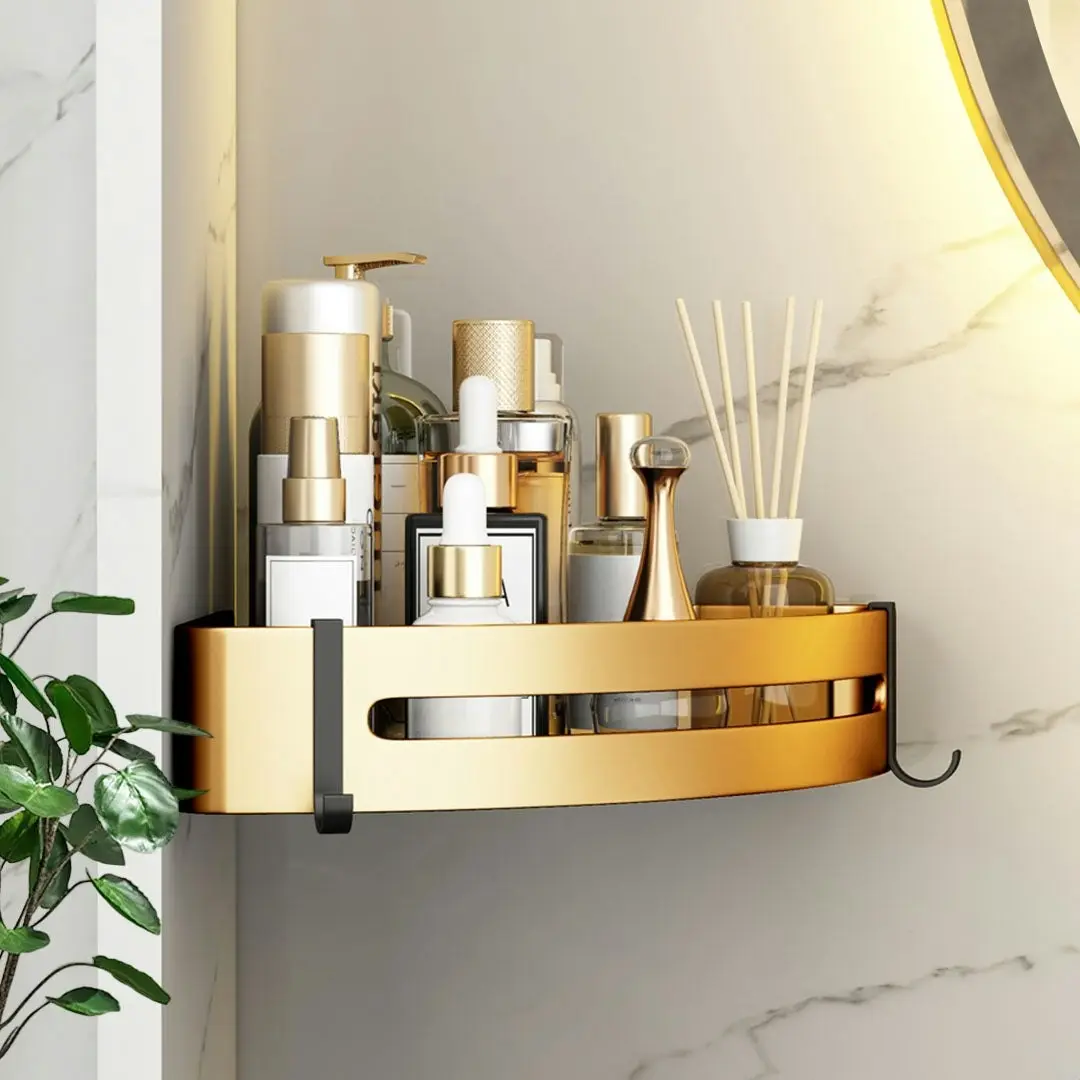 Soga Gold Wall-Mounted Triangular Bathroom Storage Corner Vanity Organiser Space Saving Adhesive Shelf Rack with Hooks