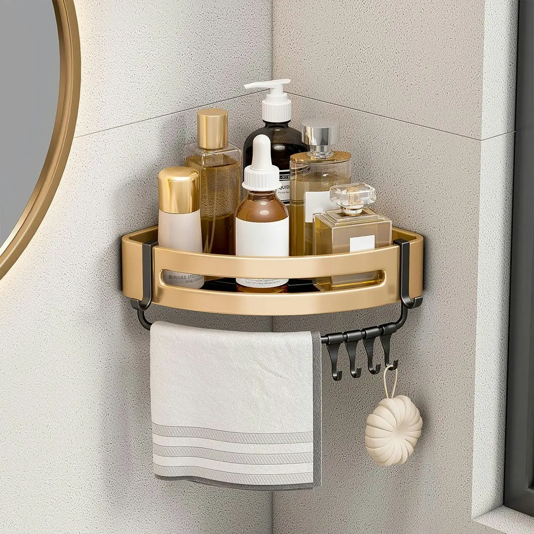 Soga Gold Wall-Mounted Triangular Bathroom Storage Corner Vanity Organiser Space Saving Adhesive Shelf Rack with Hooks