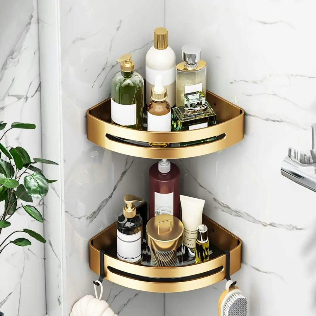 Soga Gold Wall-Mounted Triangular Bathroom Storage Corner Vanity Organiser Space Saving Adhesive Shelf Rack with Hooks