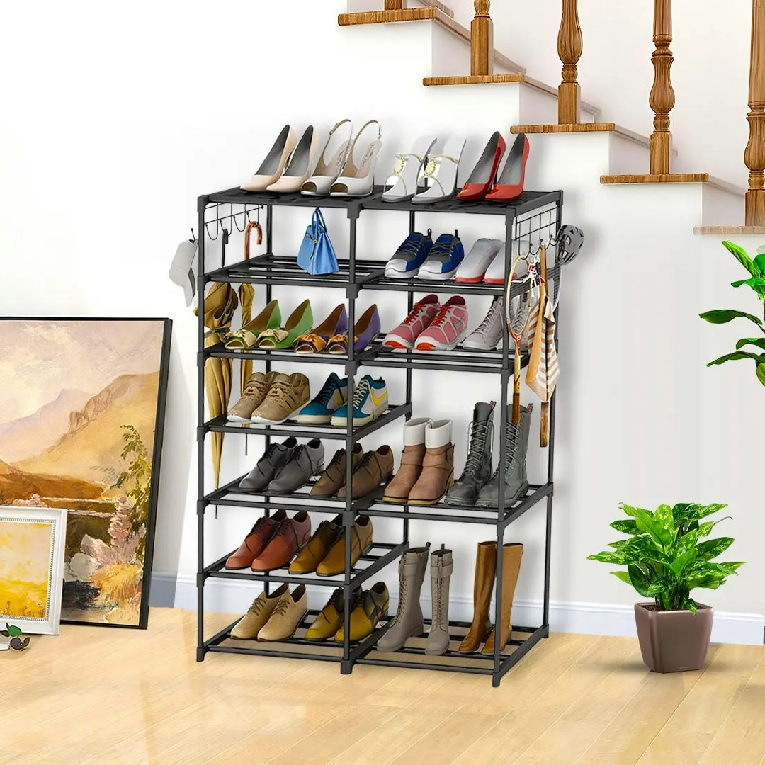 Soga 12-Shelf Tier Shoe Storage Shelf Space-Saving Caddy Rack Organiser with Side Hooks Black