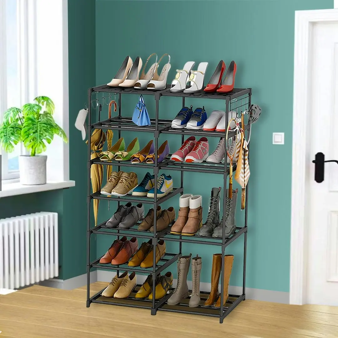 Soga 12-Shelf Tier Shoe Storage Shelf Space-Saving Caddy Rack Organiser with Side Hooks Black