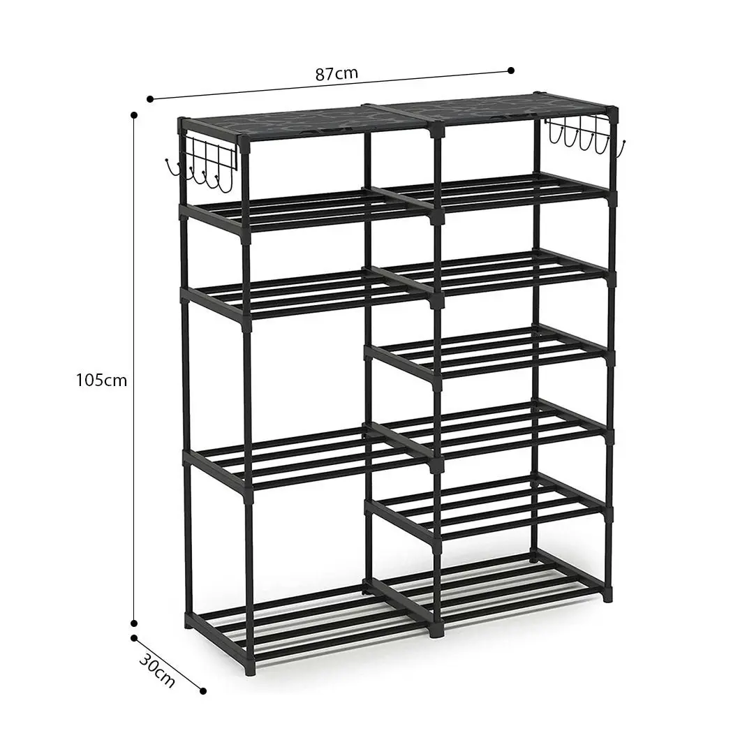 Soga 12-Shelf Tier Shoe Storage Shelf Space-Saving Caddy Rack Organiser with Side Hooks Black