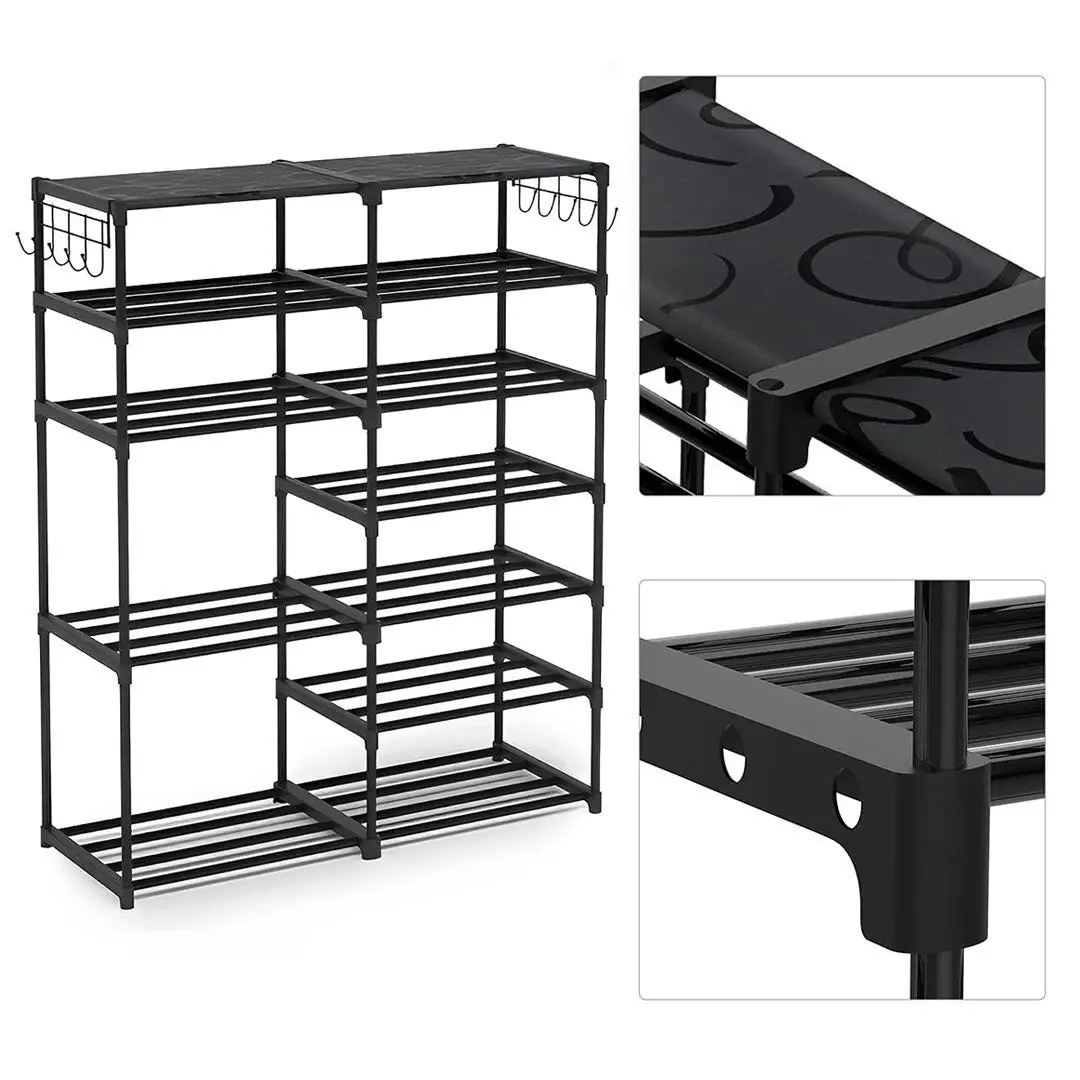 Soga 12-Shelf Tier Shoe Storage Shelf Space-Saving Caddy Rack Organiser with Side Hooks Black