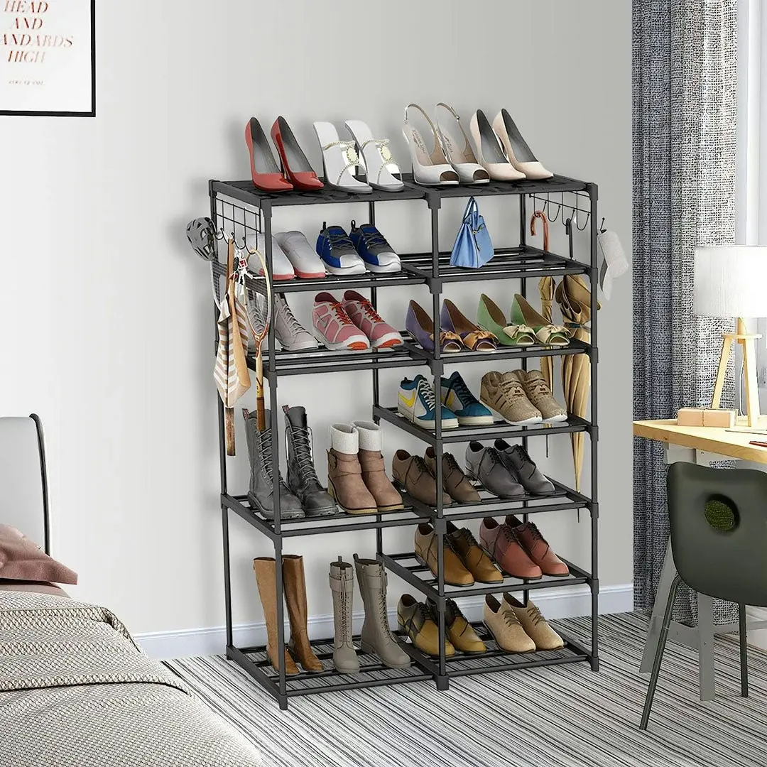 Soga 12-Shelf Tier Shoe Storage Shelf Space-Saving Caddy Rack Organiser with Side Hooks Black