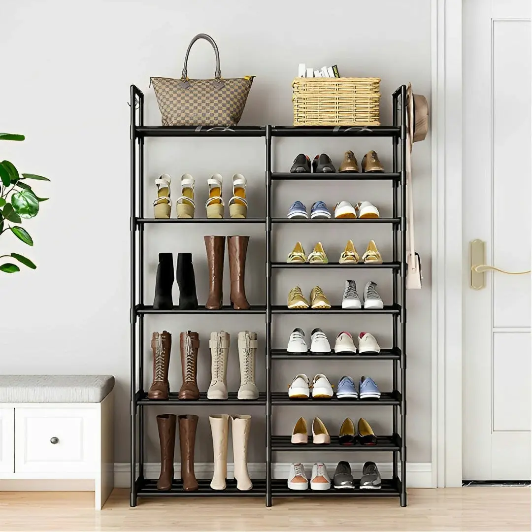 Soga 12-Shelf Tier Shoe Storage Shelf Space-Saving Caddy Rack Organiser with Side Hooks Black