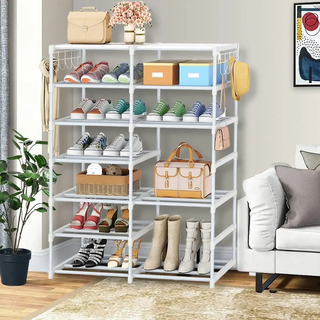 Soga 12-Shelf Tier Shoe Storage Shelf Space-Saving Caddy Rack Organiser with Side Hooks White