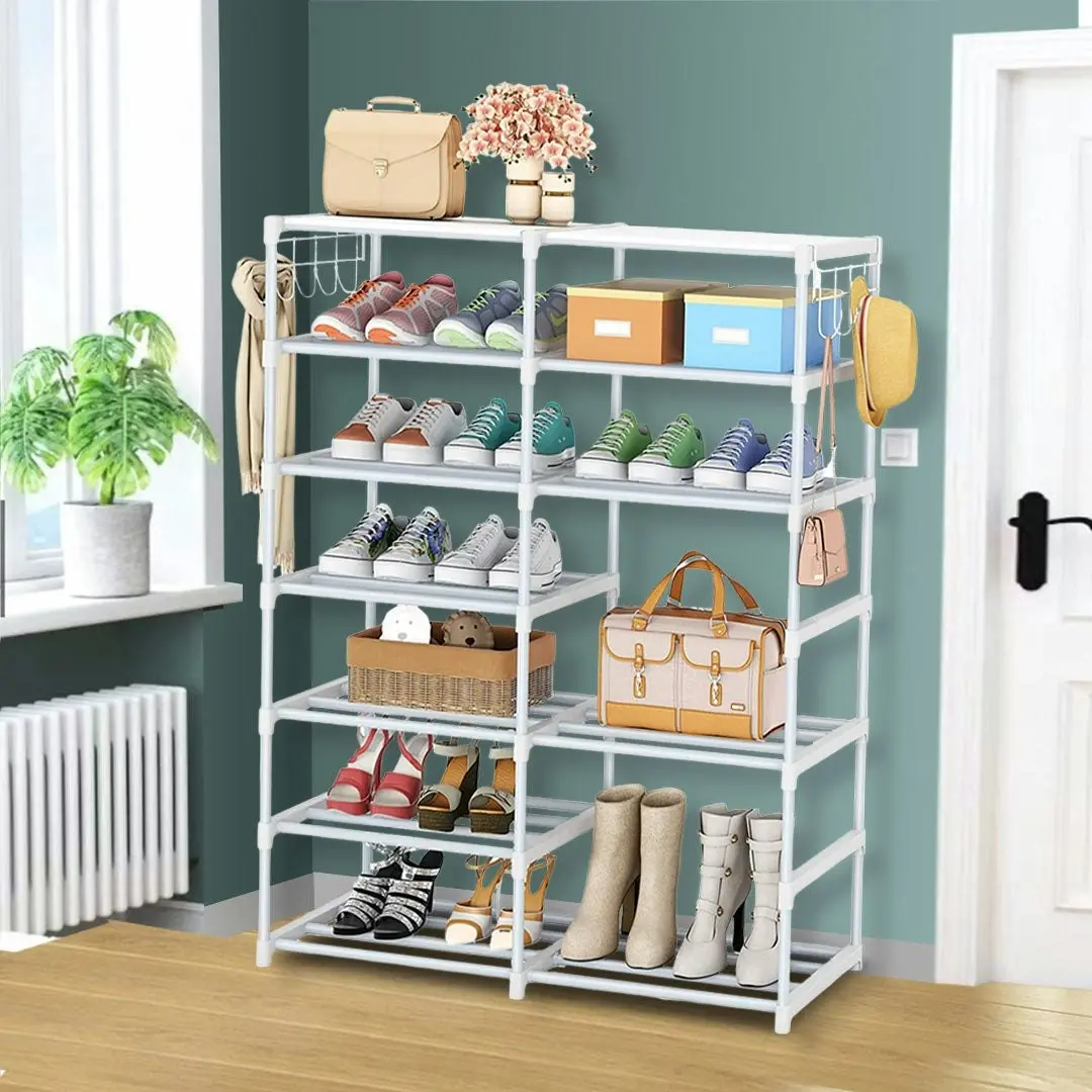 Soga 12-Shelf Tier Shoe Storage Shelf Space-Saving Caddy Rack Organiser with Side Hooks White