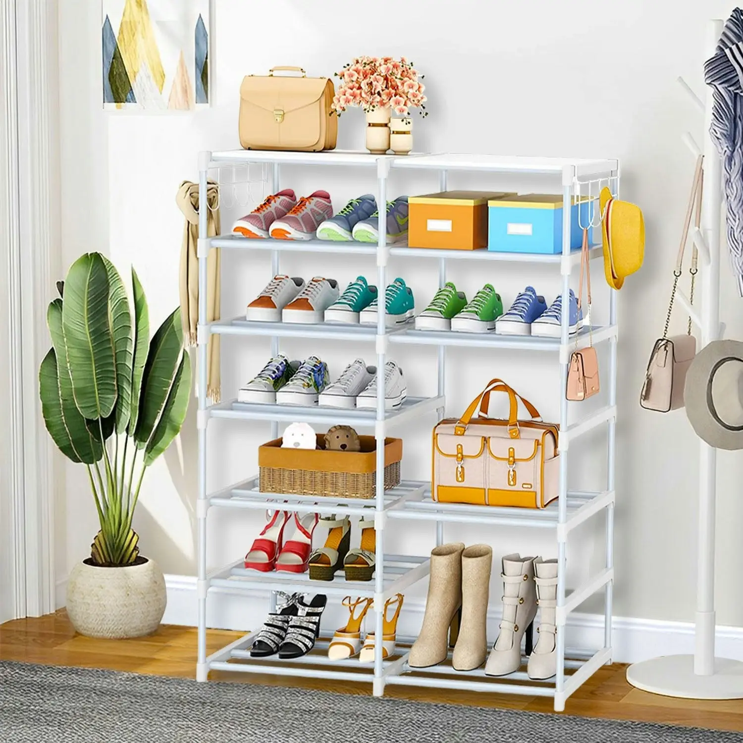 Soga 12-Shelf Tier Shoe Storage Shelf Space-Saving Caddy Rack Organiser with Side Hooks White