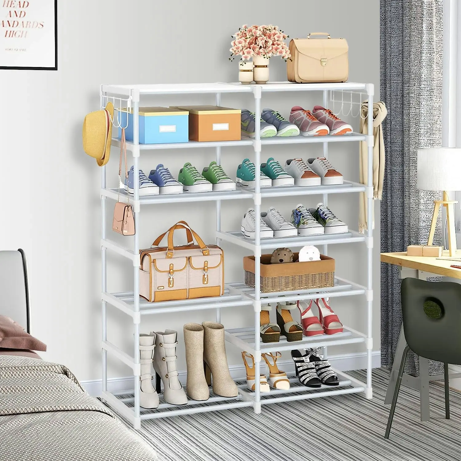 Soga 12-Shelf Tier Shoe Storage Shelf Space-Saving Caddy Rack Organiser with Side Hooks White