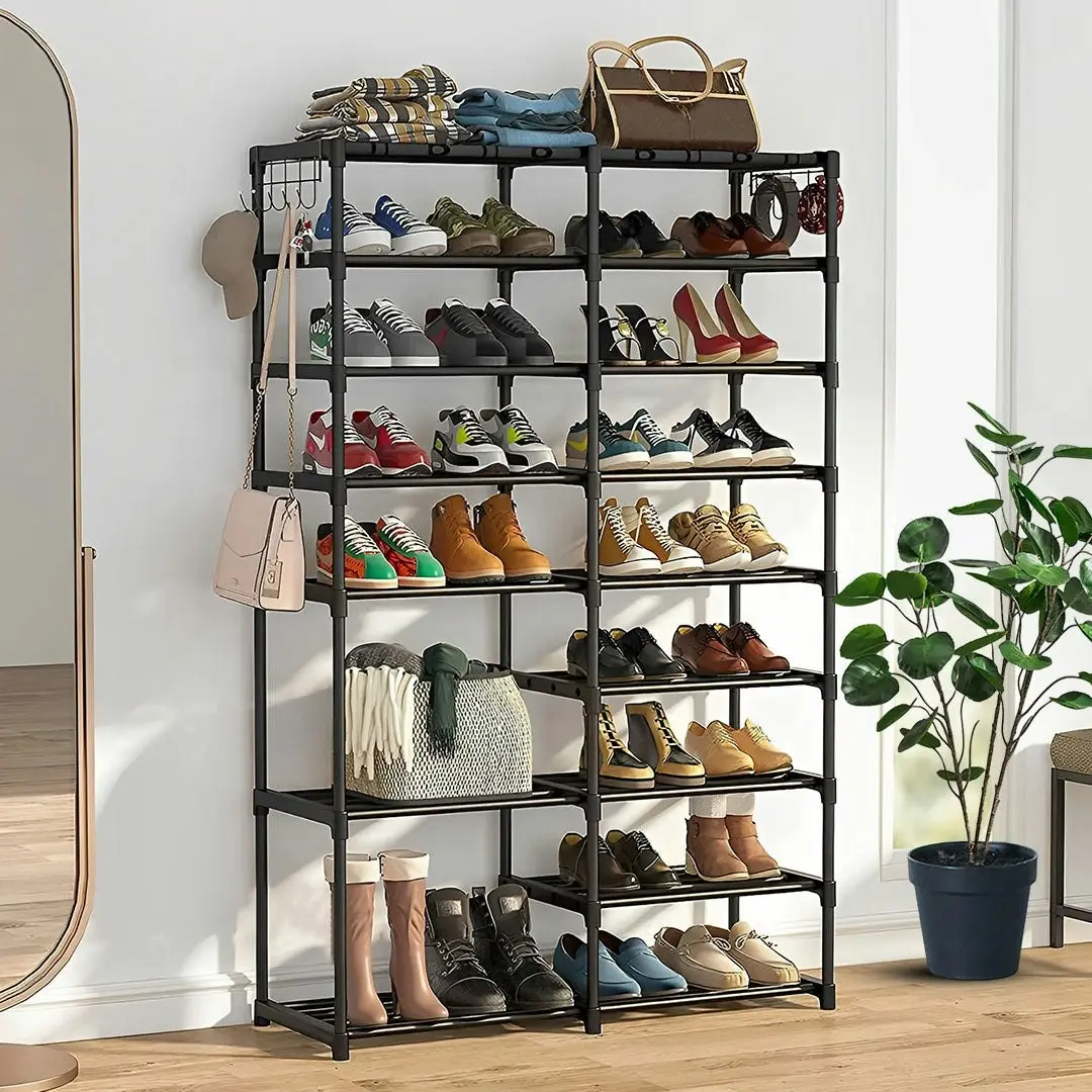 Soga 16-Shelf Tier Shoe Storage Shelf Space-Saving Caddy Rack Organiser with Side Hooks Black