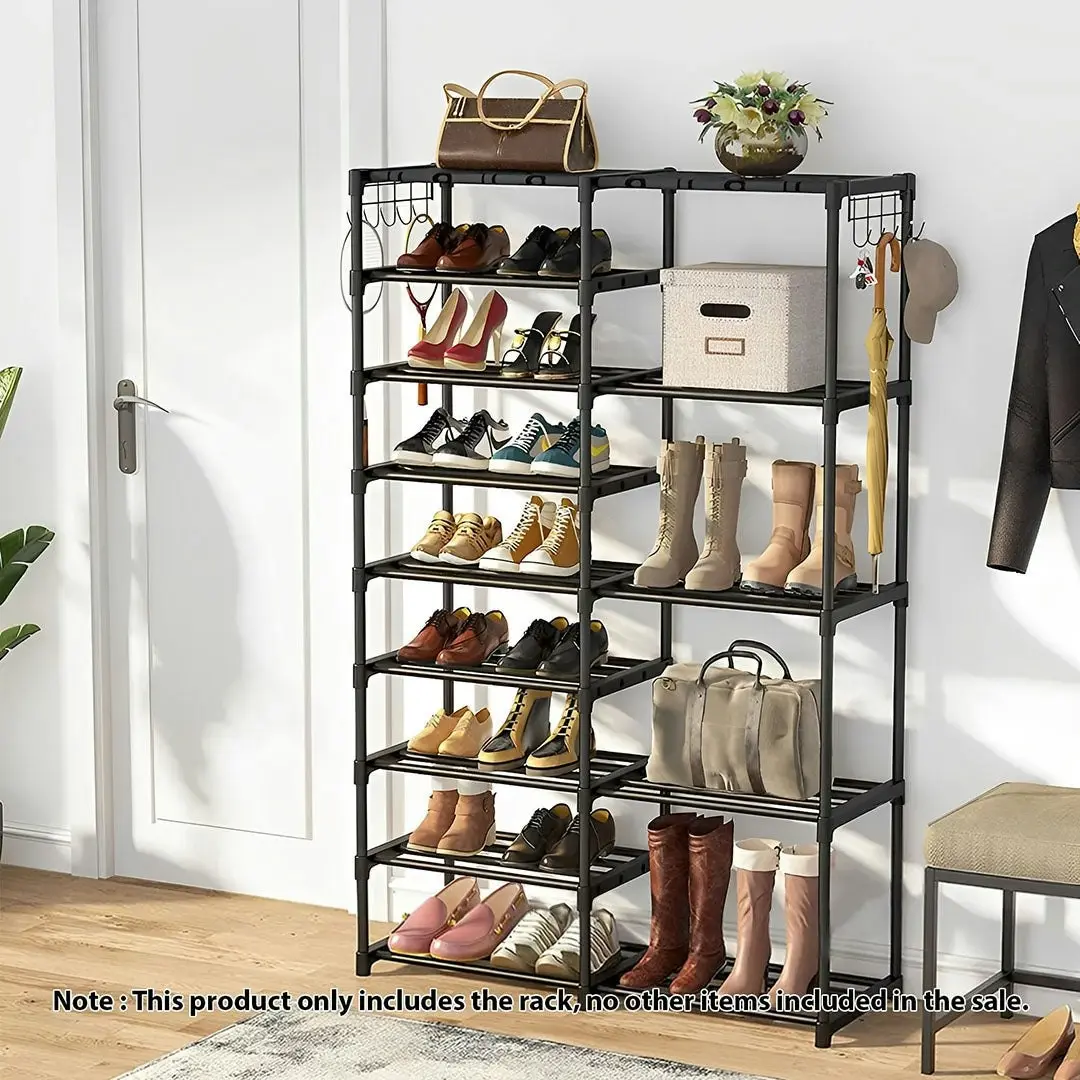 Soga 16-Shelf Tier Shoe Storage Shelf Space-Saving Caddy Rack Organiser with Side Hooks Black