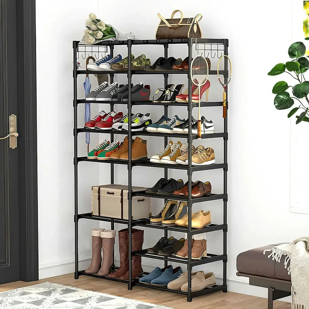 Soga 16-Shelf Tier Shoe Storage Shelf Space-Saving Caddy Rack Organiser with Side Hooks Black