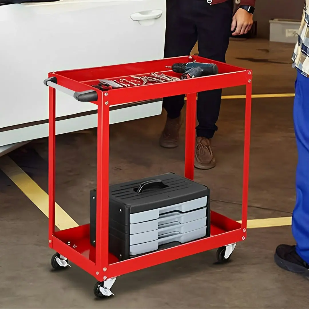 Soga 2 Tier Tool Storage Cart Portable Service Utility Heavy Duty Mobile Trolley Red