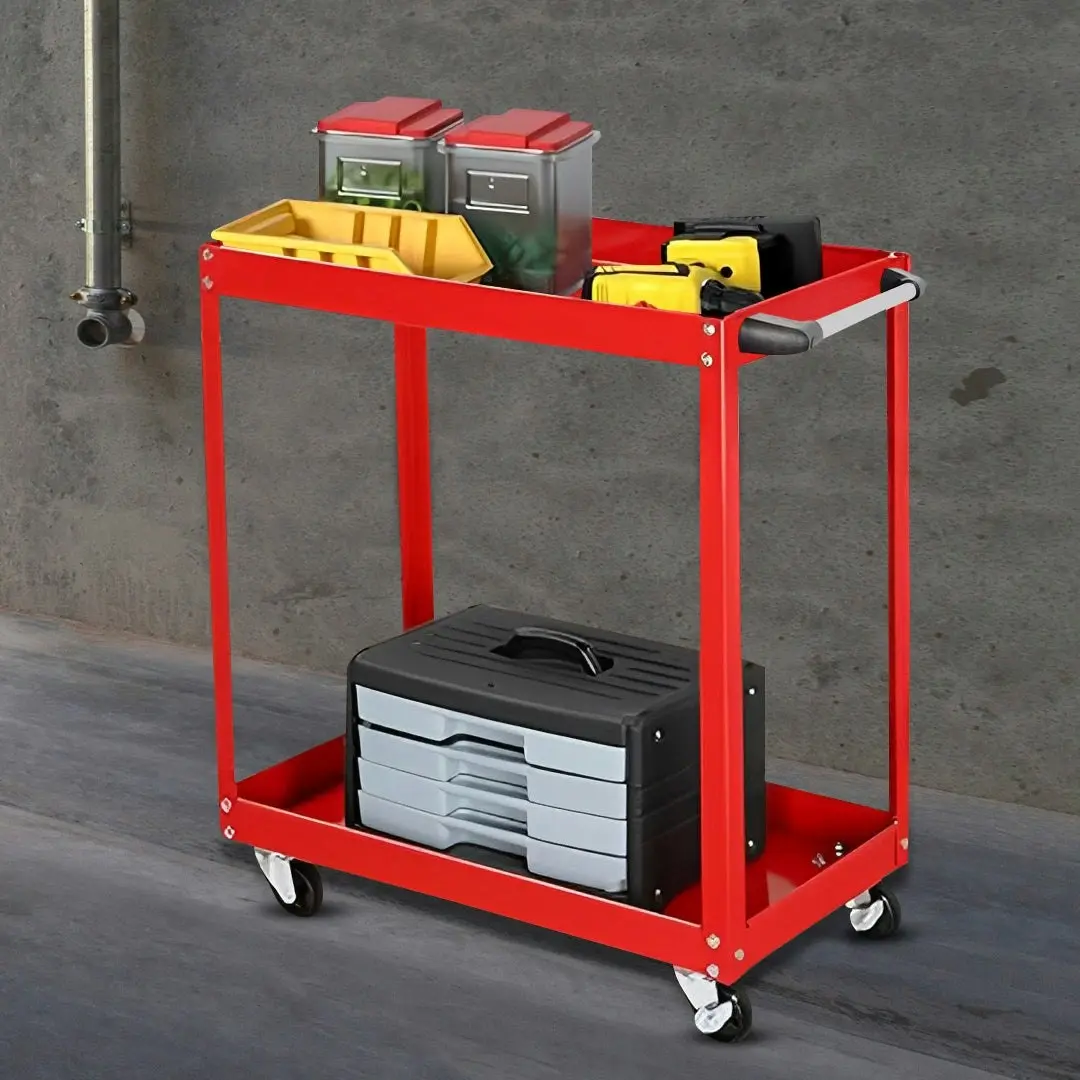 Soga 2 Tier Tool Storage Cart Portable Service Utility Heavy Duty Mobile Trolley Red