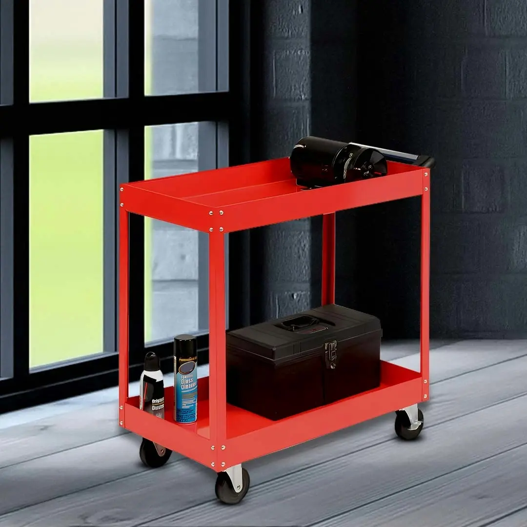 Soga 2 Tier Tool Storage Cart Portable Service Utility Heavy Duty Mobile Trolley Red