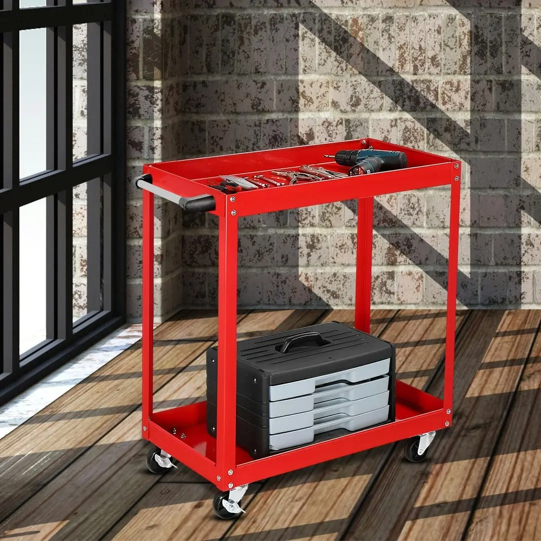 Soga 2 Tier Tool Storage Cart Portable Service Utility Heavy Duty Mobile Trolley Red