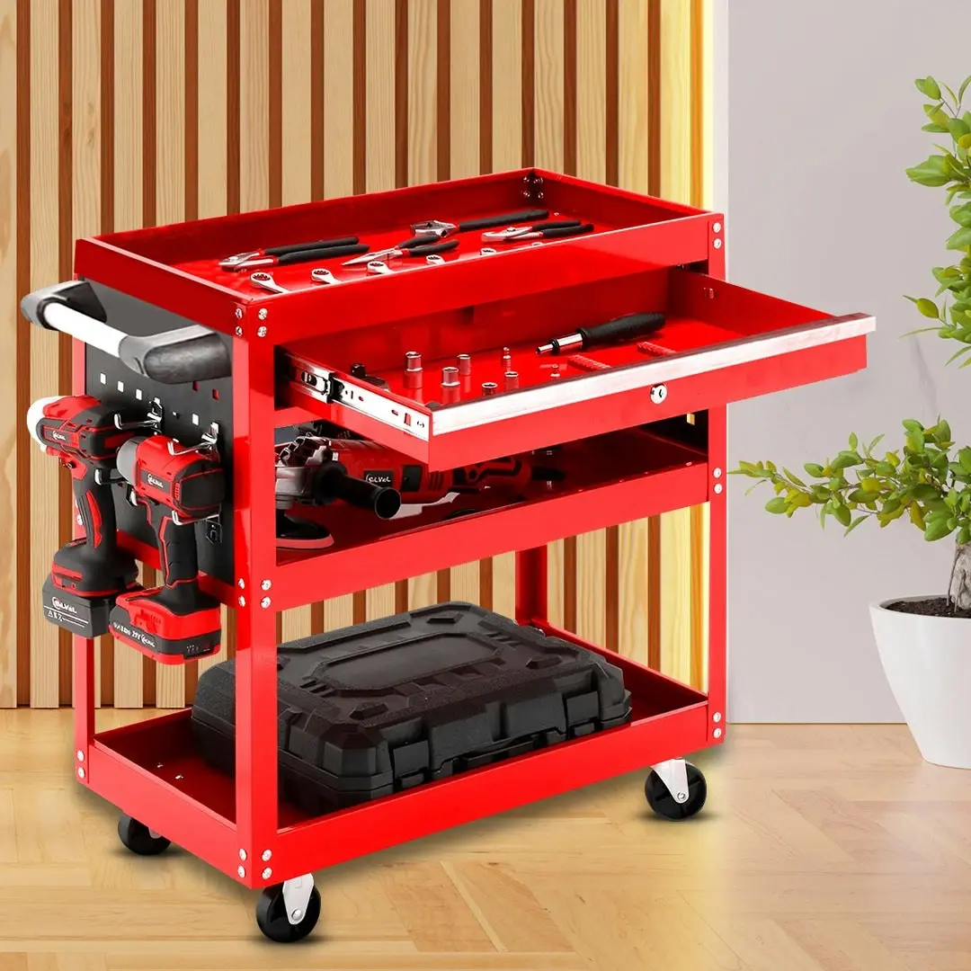 Soga 3 Tier Tool Storage Cart Portable Service Utility Heavy Duty Mobile Trolley with Drawer and Hooks Red