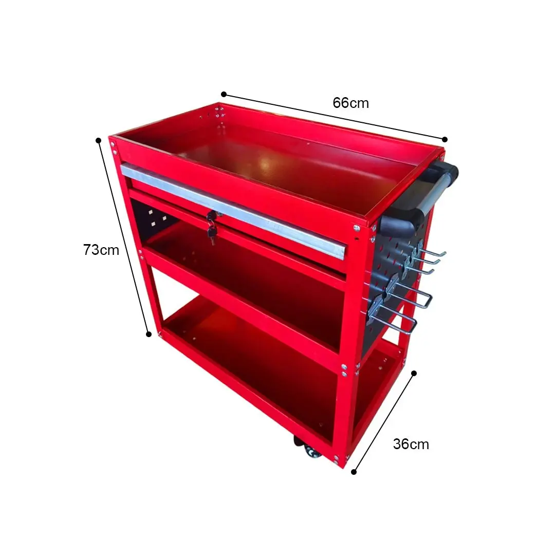 Soga 3 Tier Tool Storage Cart Portable Service Utility Heavy Duty Mobile Trolley with Drawer and Hooks Red