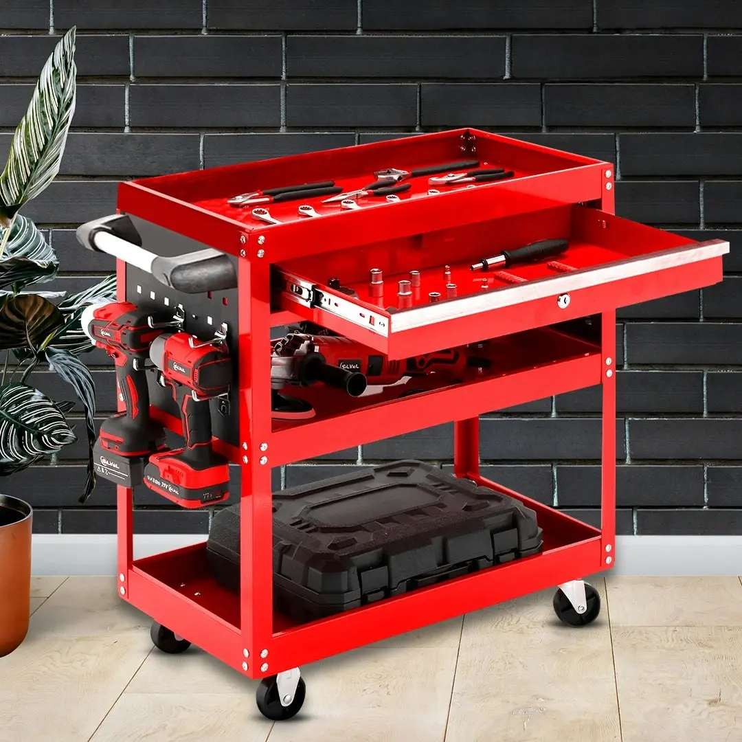 Soga 3 Tier Tool Storage Cart Portable Service Utility Heavy Duty Mobile Trolley with Drawer and Hooks Red