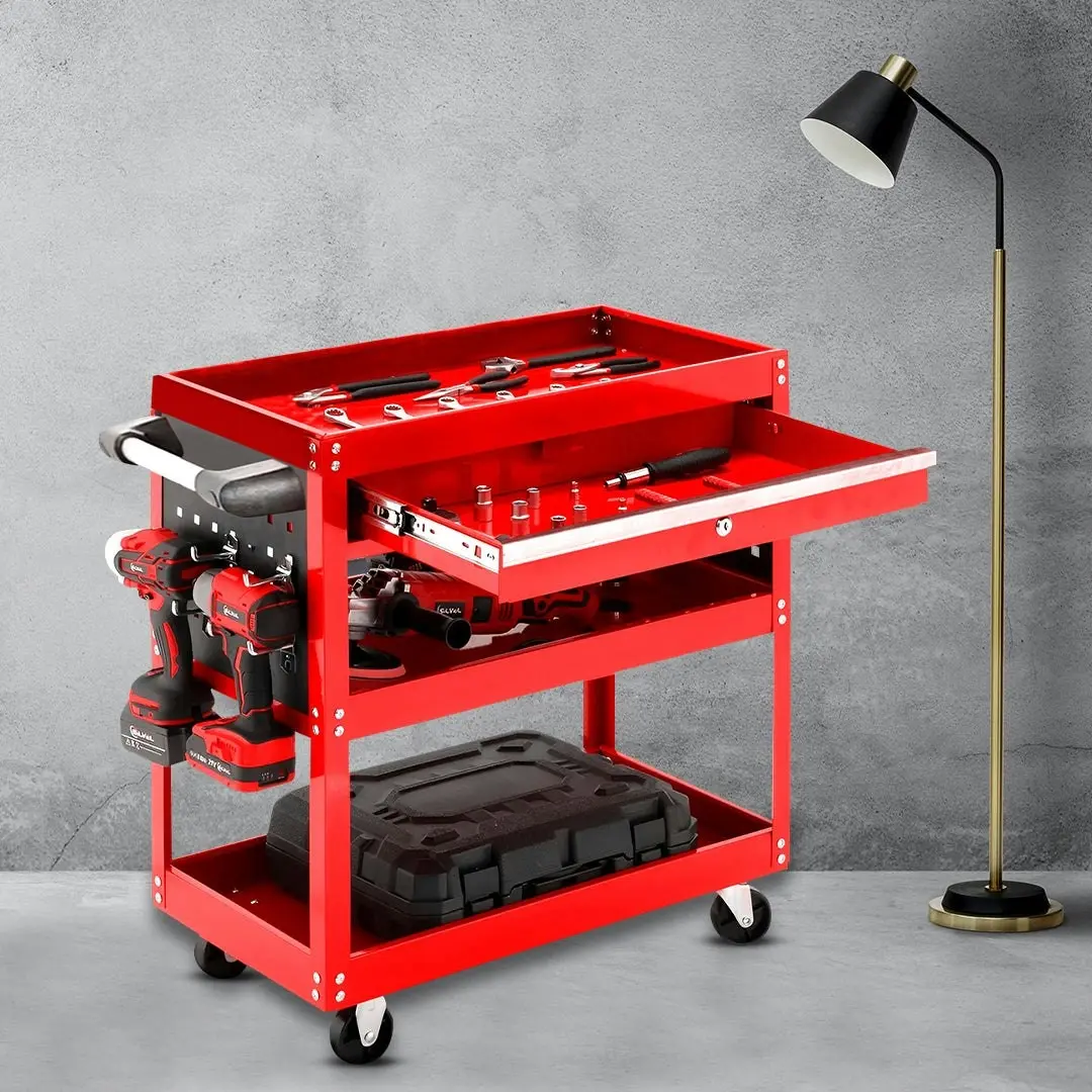 Soga 3 Tier Tool Storage Cart Portable Service Utility Heavy Duty Mobile Trolley with Drawer and Hooks Red