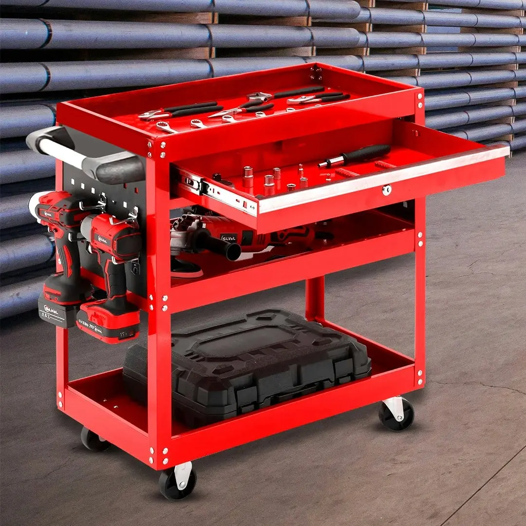 Soga 3 Tier Tool Storage Cart Portable Service Utility Heavy Duty Mobile Trolley with Drawer and Hooks Red