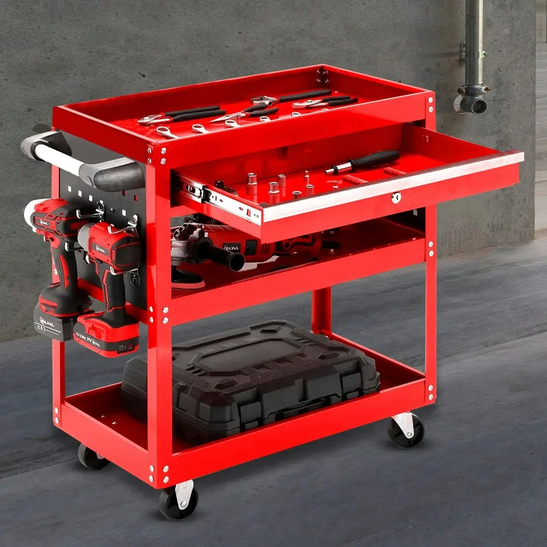 Soga 3 Tier Tool Storage Cart Portable Service Utility Heavy Duty Mobile Trolley with Drawer and Hooks Red