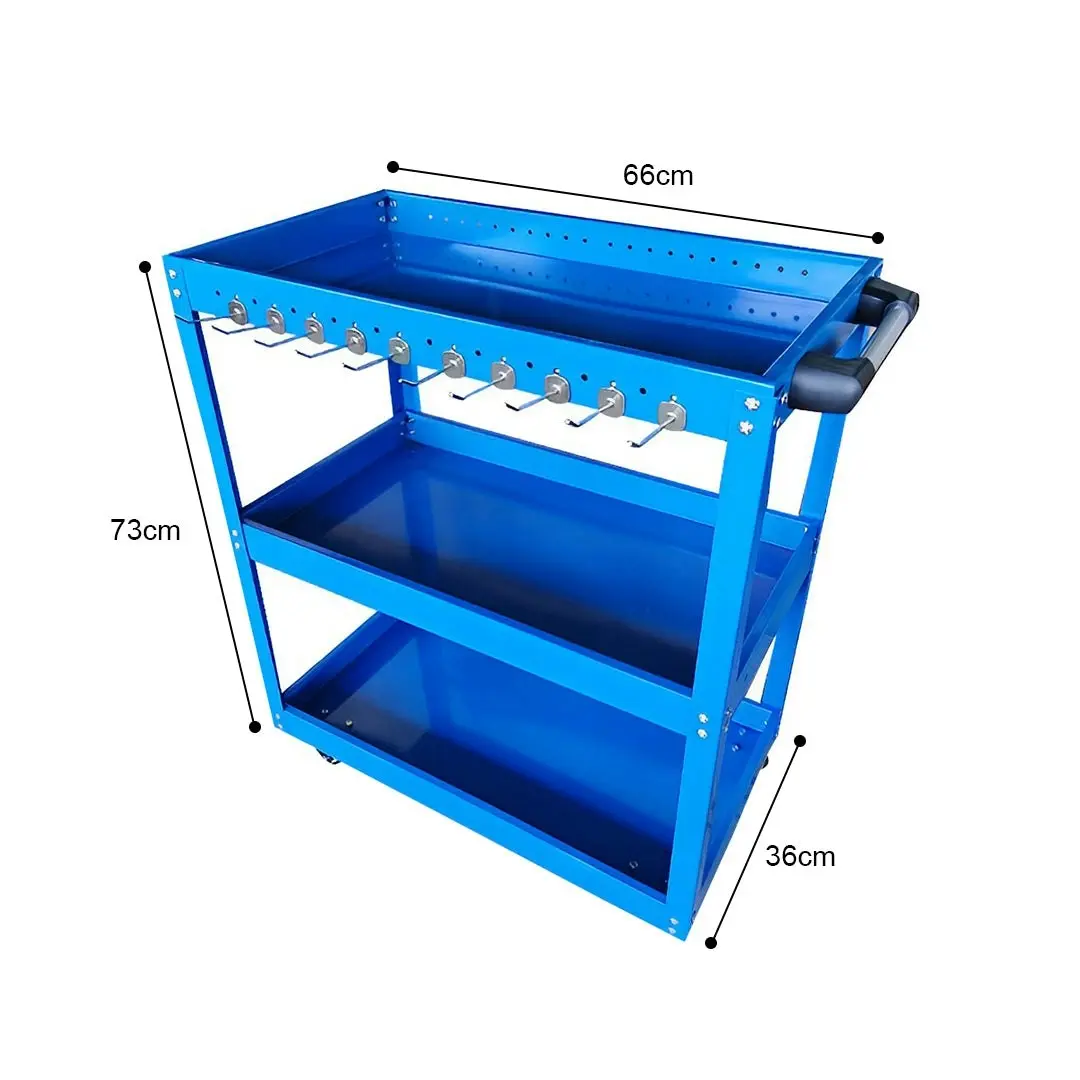 Soga 3 Tier Tool Storage Cart Portable Service Utility Heavy Duty Mobile Trolley with Hooks Blue