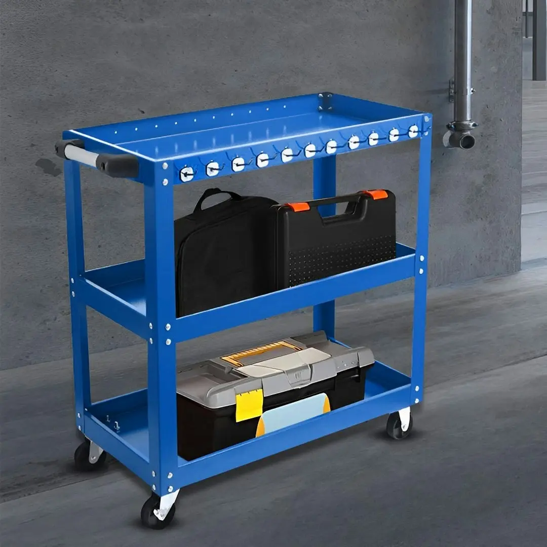 Soga 3 Tier Tool Storage Cart Portable Service Utility Heavy Duty Mobile Trolley with Hooks Blue