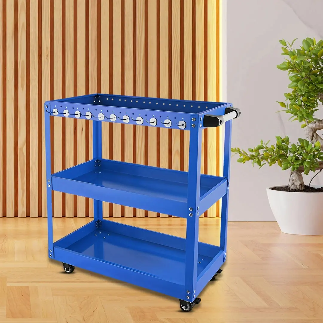 Soga 3 Tier Tool Storage Cart Portable Service Utility Heavy Duty Mobile Trolley with Hooks Blue