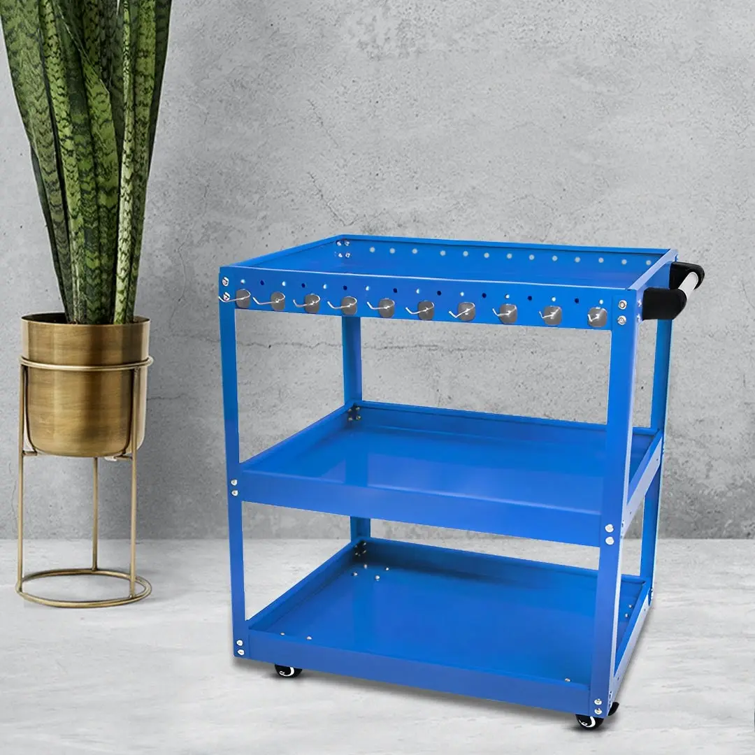 Soga 3 Tier Tool Storage Cart Portable Service Utility Heavy Duty Mobile Trolley with Hooks Blue