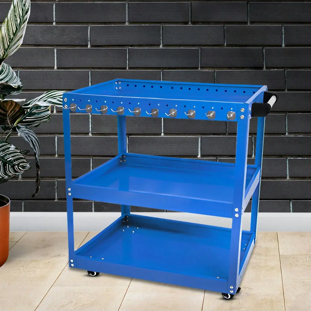 Soga 3 Tier Tool Storage Cart Portable Service Utility Heavy Duty Mobile Trolley with Hooks Blue