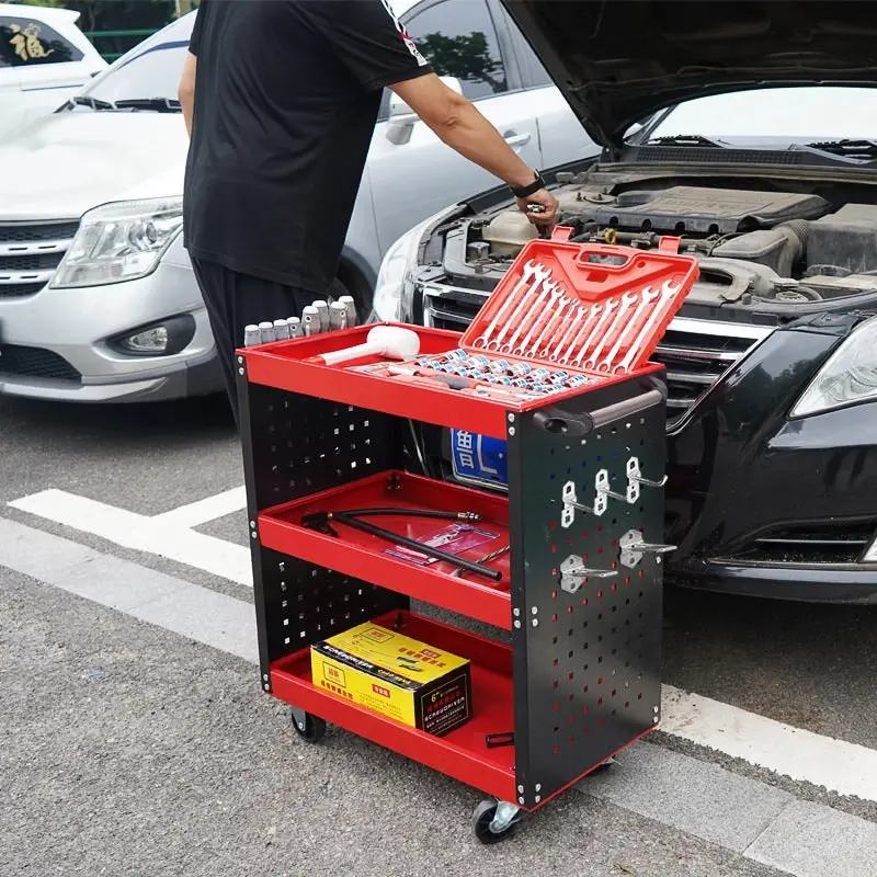 Soga 3 Tier Tool Storage Cart Portable Service Utility Heavy Duty Mobile Trolley with Hooks Red