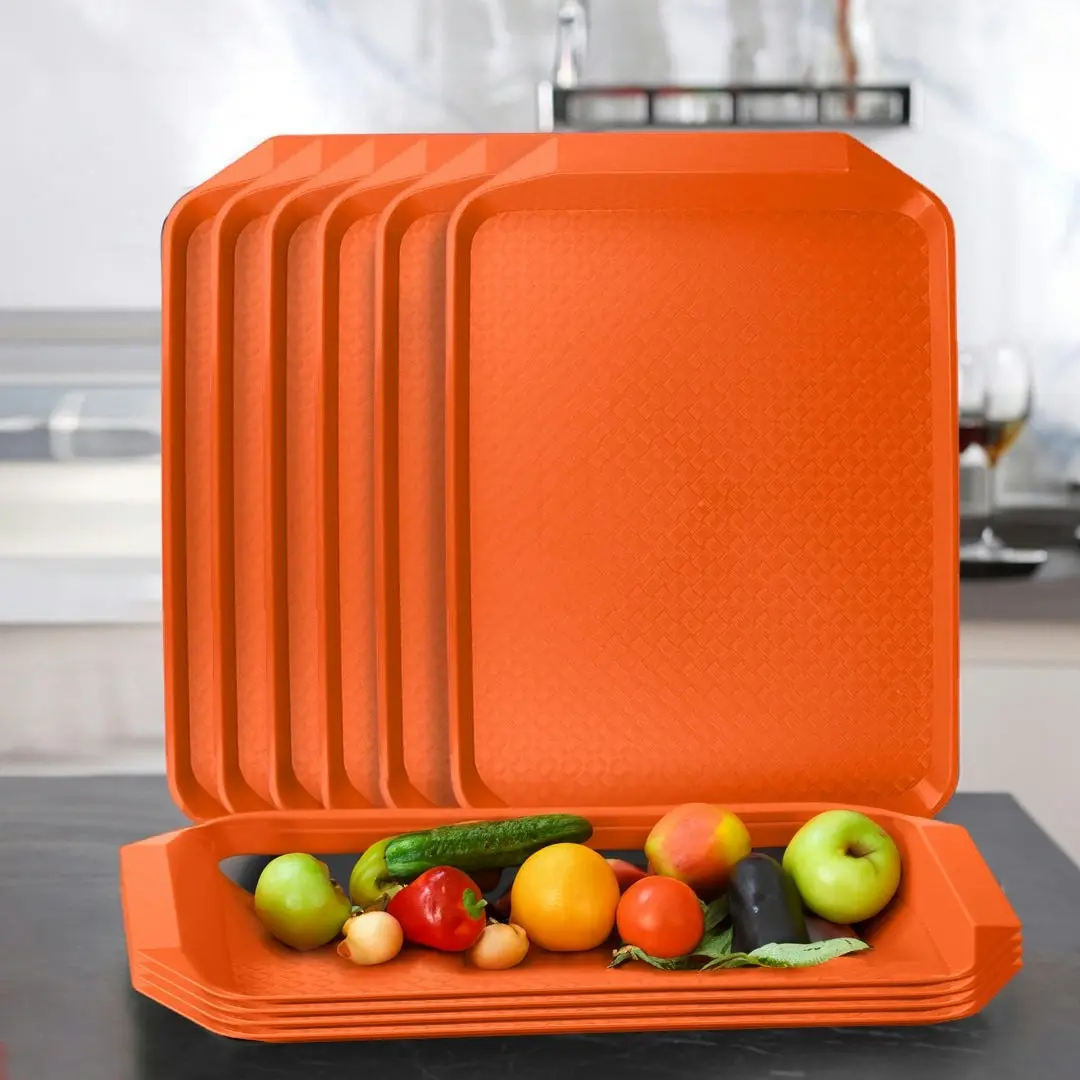 Soga Rectangular Serving Tray Heavy Duty Waterproof Stackable Plastic Food Snack Pan Set of 10 Orange