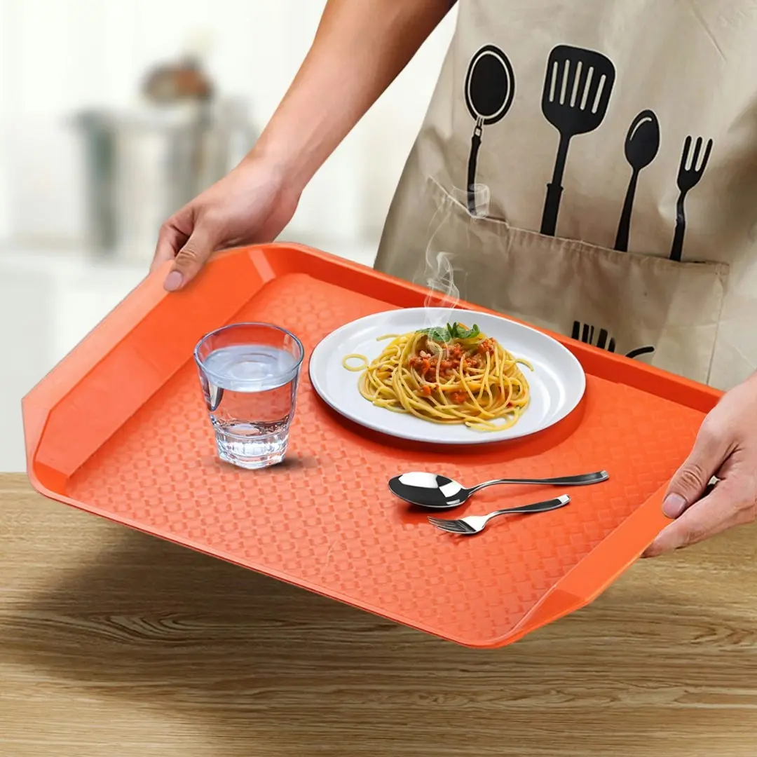 Soga Rectangular Serving Tray Heavy Duty Waterproof Stackable Plastic Food Snack Pan Set of 10 Orange