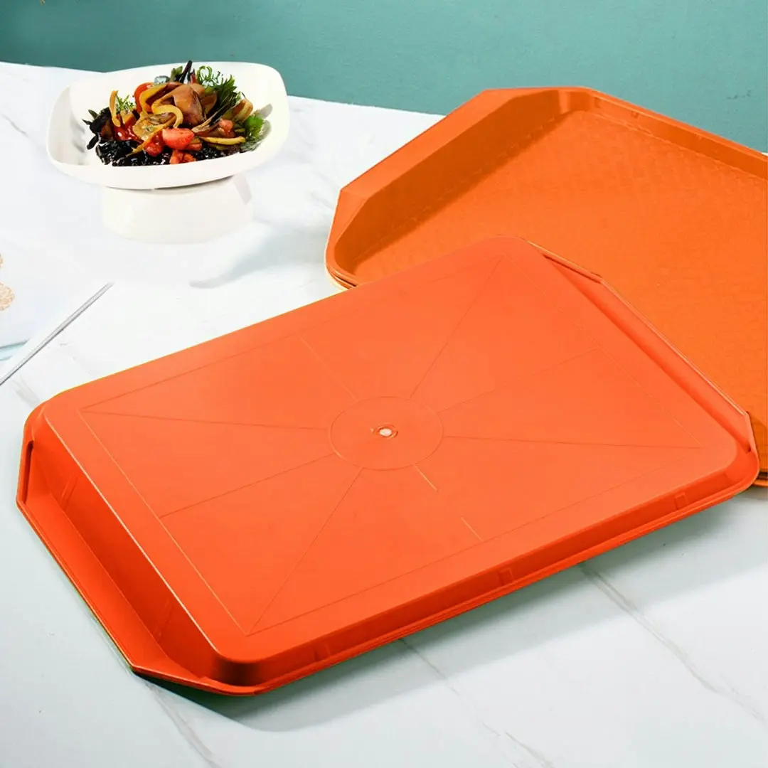 Soga Rectangular Serving Tray Heavy Duty Waterproof Stackable Plastic Food Snack Pan Set of 10 Orange