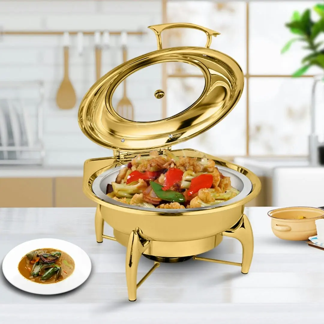 Soga Gold Plated Stainless Steel Round Chafing Dish Tray Buffet Cater Food Warmer Chafer with Top Lid