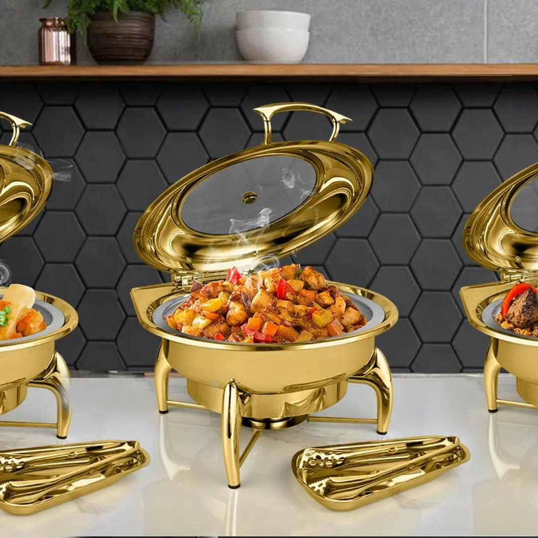 Soga Gold Plated Stainless Steel Round Chafing Dish Tray Buffet Cater Food Warmer Chafer with Top Lid