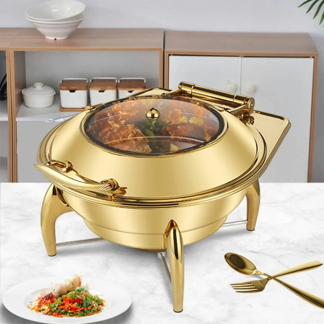 Soga Gold Plated Stainless Steel Round Chafing Dish Tray Buffet Cater Food Warmer Chafer with Top Lid