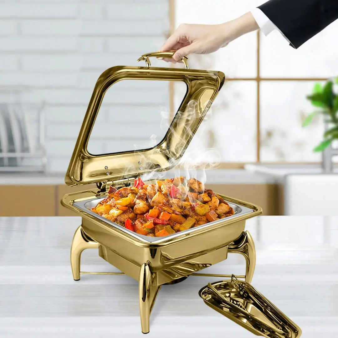 Soga Gold Plated Stainless Steel Square Chafing Dish Tray Buffet Cater Food Warmer Chafer with Top Lid