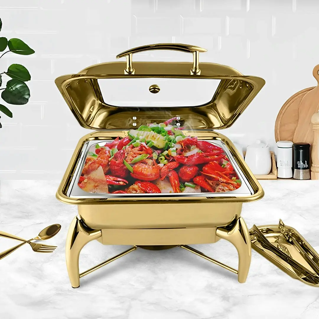 Soga Gold Plated Stainless Steel Square Chafing Dish Tray Buffet Cater Food Warmer Chafer with Top Lid