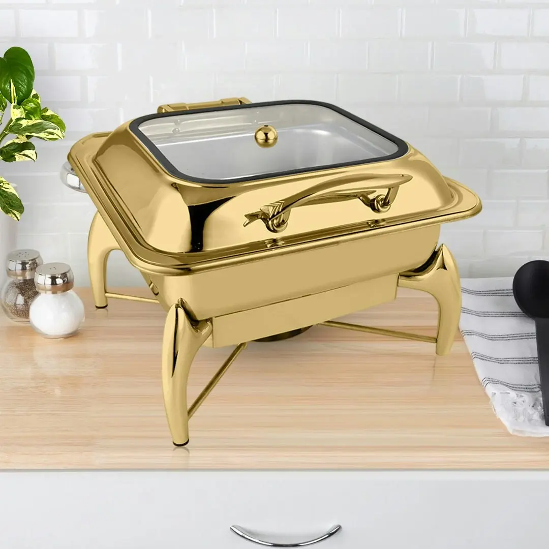 Soga Gold Plated Stainless Steel Square Chafing Dish Tray Buffet Cater Food Warmer Chafer with Top Lid