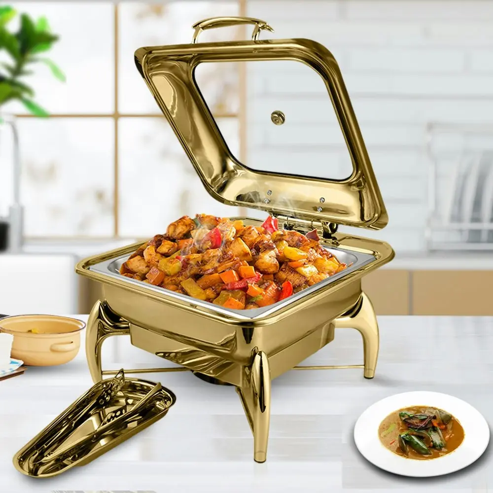 Soga Gold Plated Stainless Steel Square Chafing Dish Tray Buffet Cater Food Warmer Chafer with Top Lid