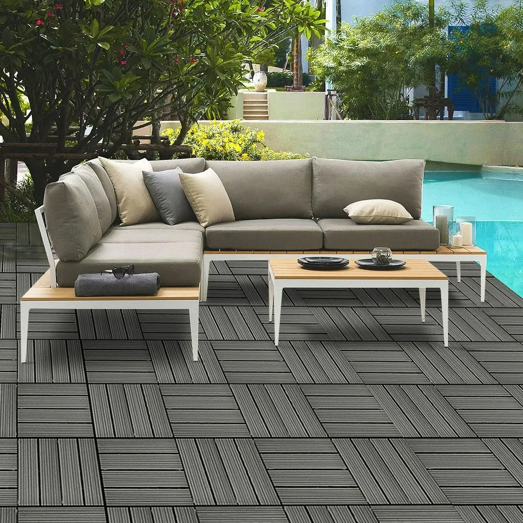 Soga 11 pcs Grey DIY Wooden Composite Decking Tiles Garden Outdoor Backyard Flooring Home Decor