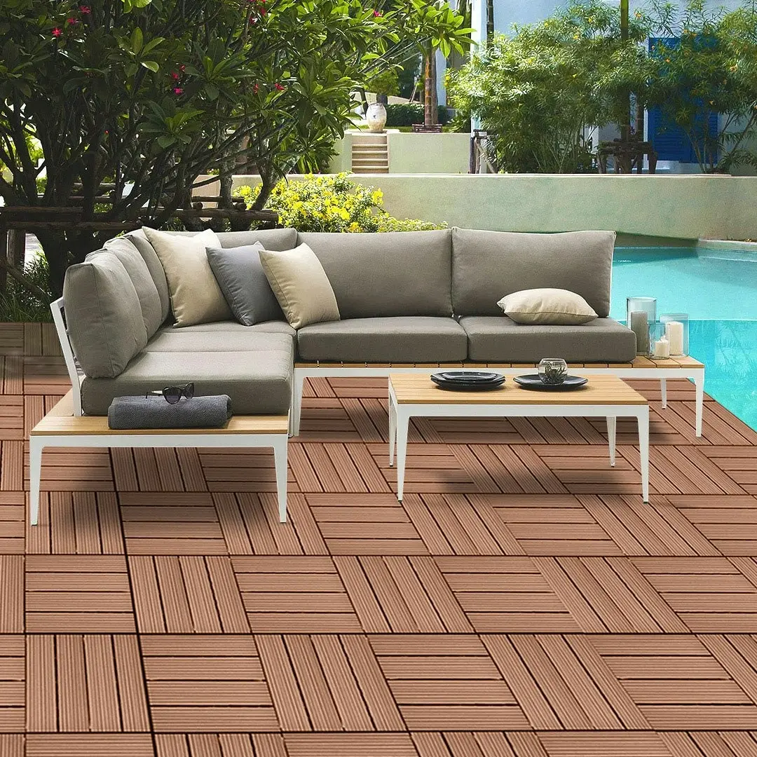 Soga 11 pcs Red Brown DIY Wooden Composite Decking Tiles Garden Outdoor Backyard Flooring Home Decor