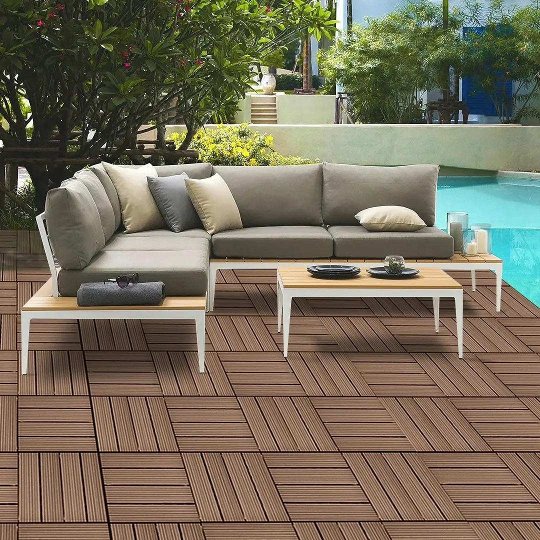 Soga 11 pcs Light Chocolate DIY Wooden Composite Decking Tiles Garden Outdoor Backyard Flooring Home Decor