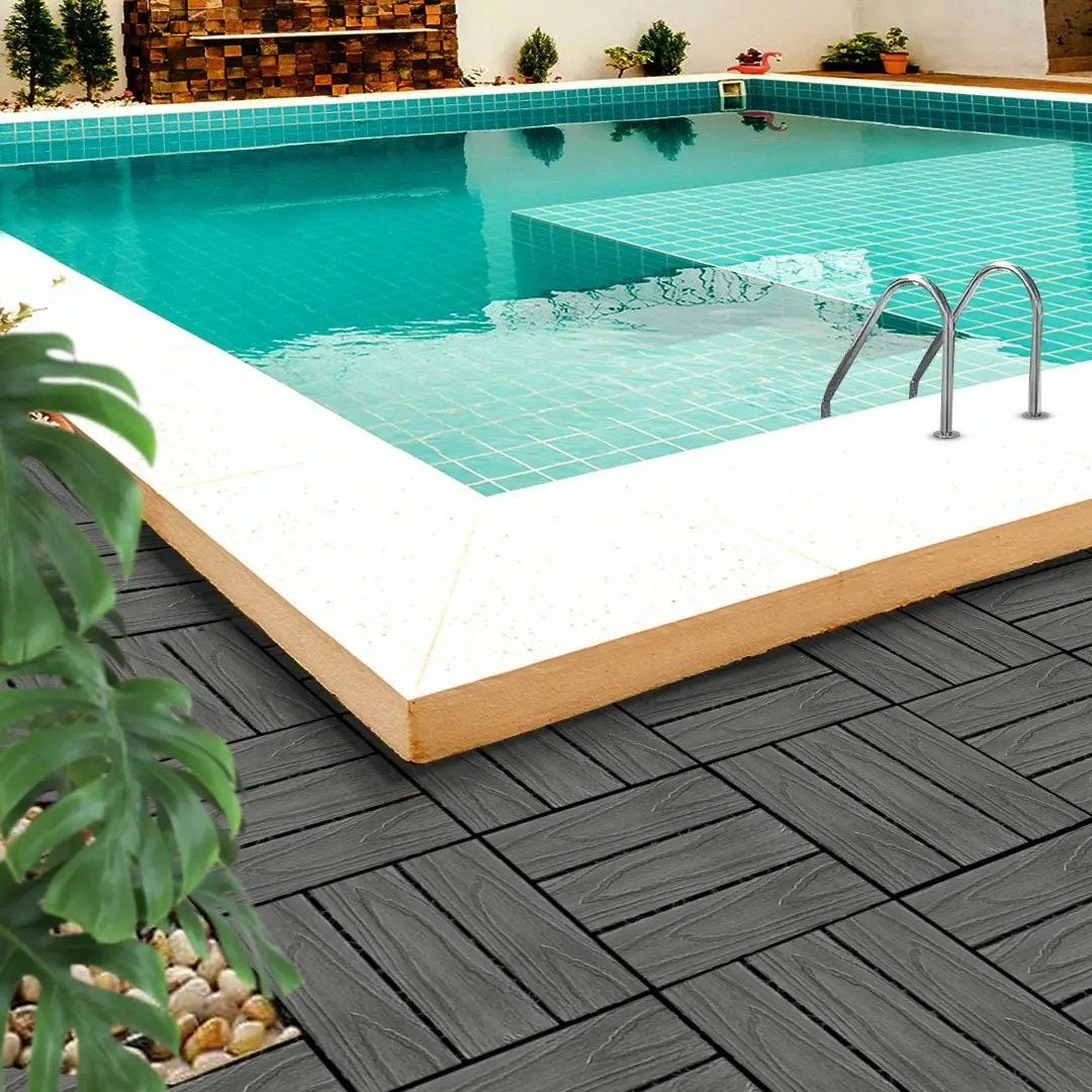 Soga 11 pcs Dark Grey DIY Wooden Composite Decking Tiles Garden Outdoor Backyard Flooring Home Decor