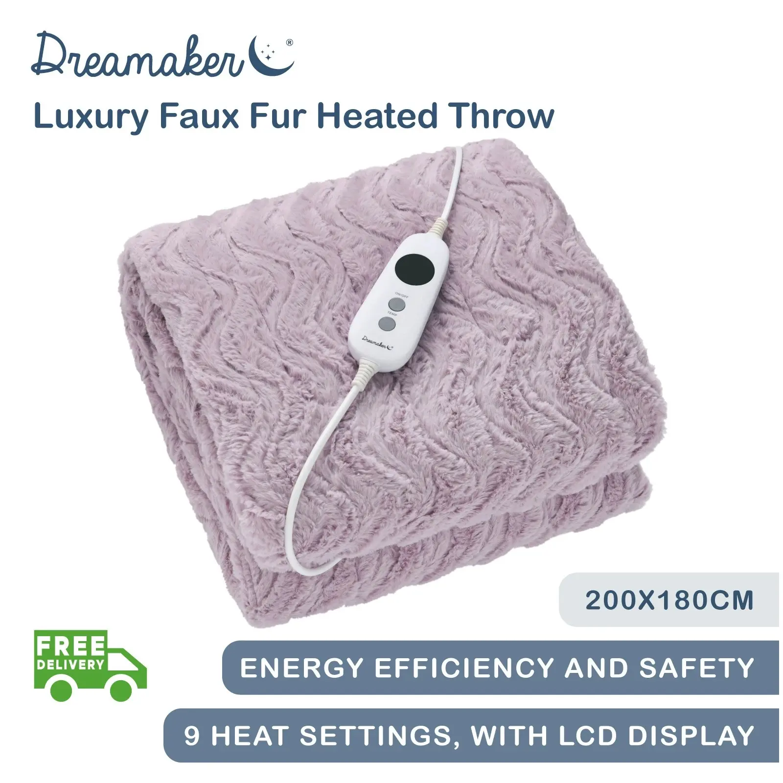 Dreamaker 500gsm Faux Fur Heated Throw Lavender 200 x 180cm