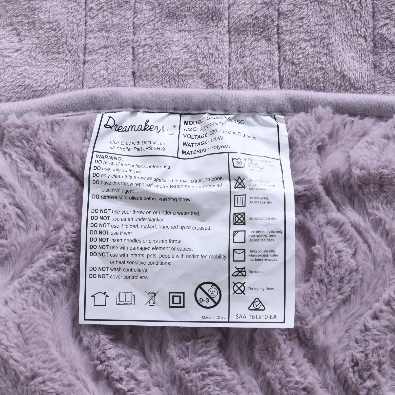 Dreamaker 500gsm Faux Fur Heated Throw Lavender 200 x 180cm